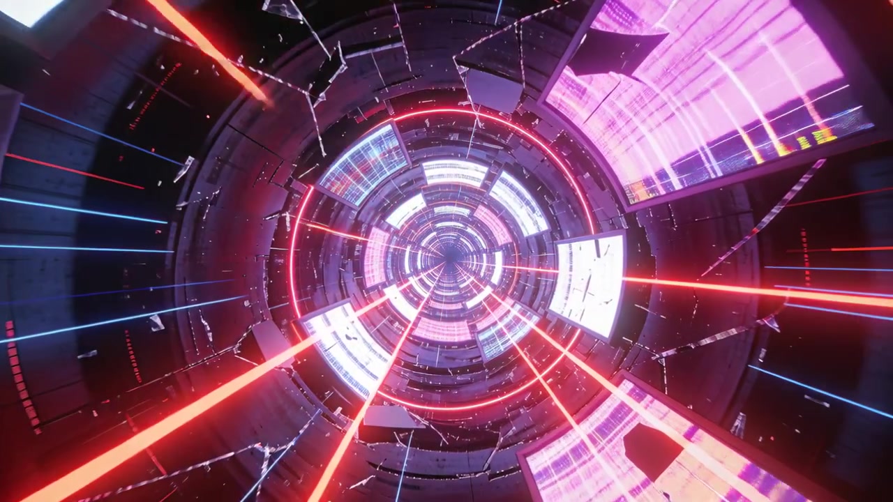 Moving camera inward through round central datacore, revealing red beams, lit panels, shards