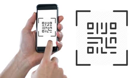 Animation-Eines-Mannes,-Der-QR-Code-Mit-Smartphone-Auf-Weißem-Hintergrund-Scannt