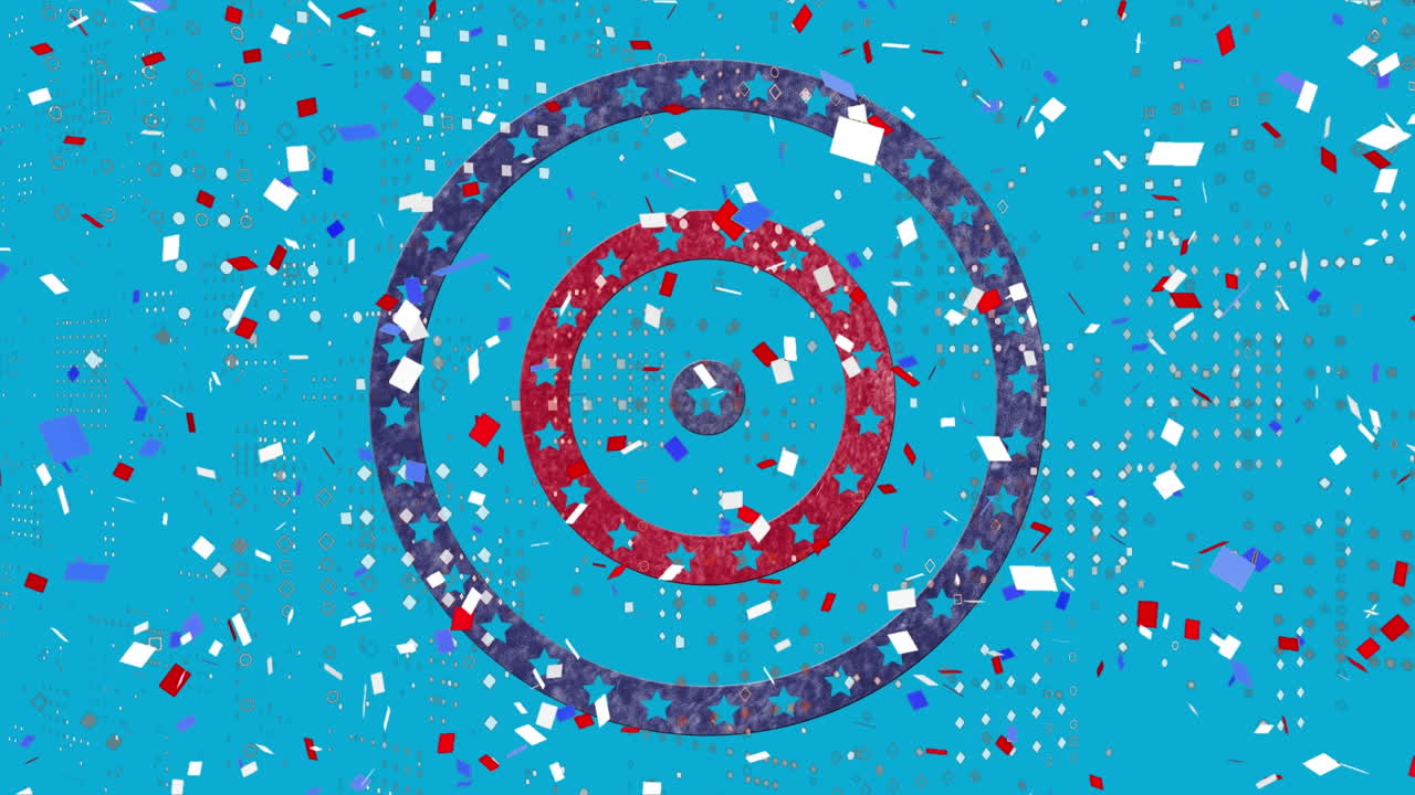 푸른 배경 에 회전 하는 원 에 있는 별 들 에 대한 독립 의 날 문자 에 떨어지는 콘페티