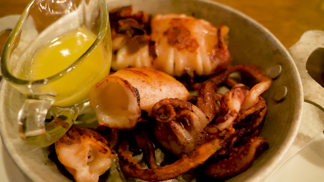 Zoom in on plate with delicious seafood