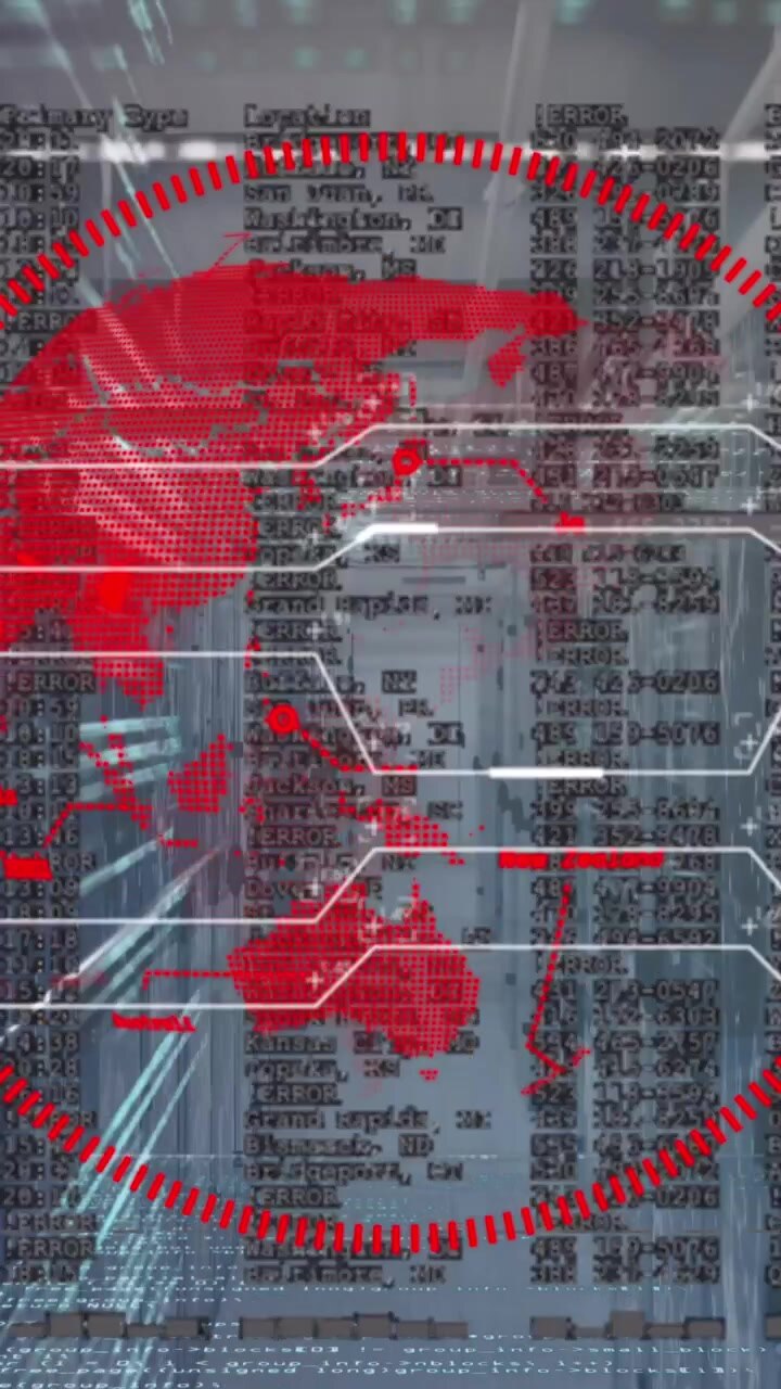Animation of spinning globe, data processing and network of connections against computer server room