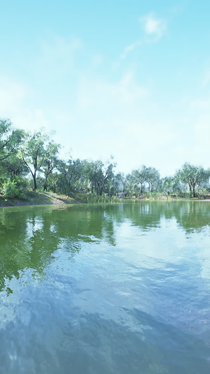 울창 한 초록색 과 파란 하늘 이 있는 조용 한 호수 풍경