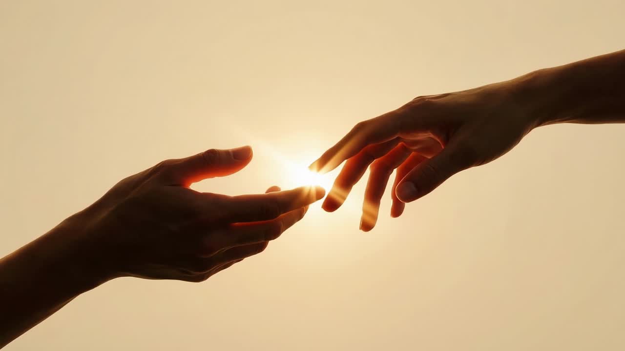 Silhouette of hands reaching out and touching at sunset