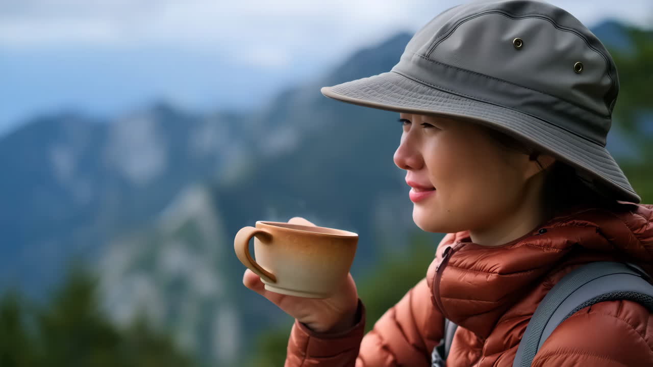 Woman enjoying a hot drink while hiking in the mountains