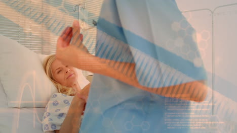 healthcare professional in blue scrubs with scientific data overlay animation