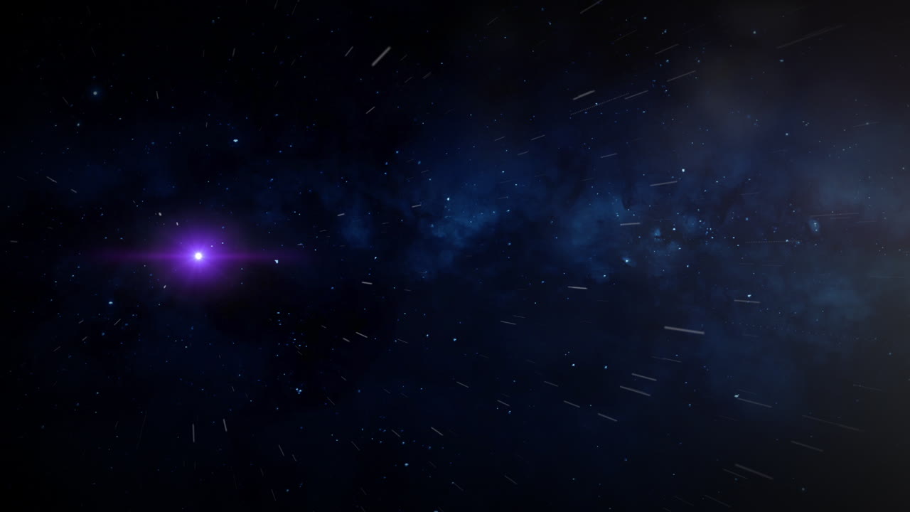 紫色の球体がワープ速度で空間を移動し、カメラから遠ざかります