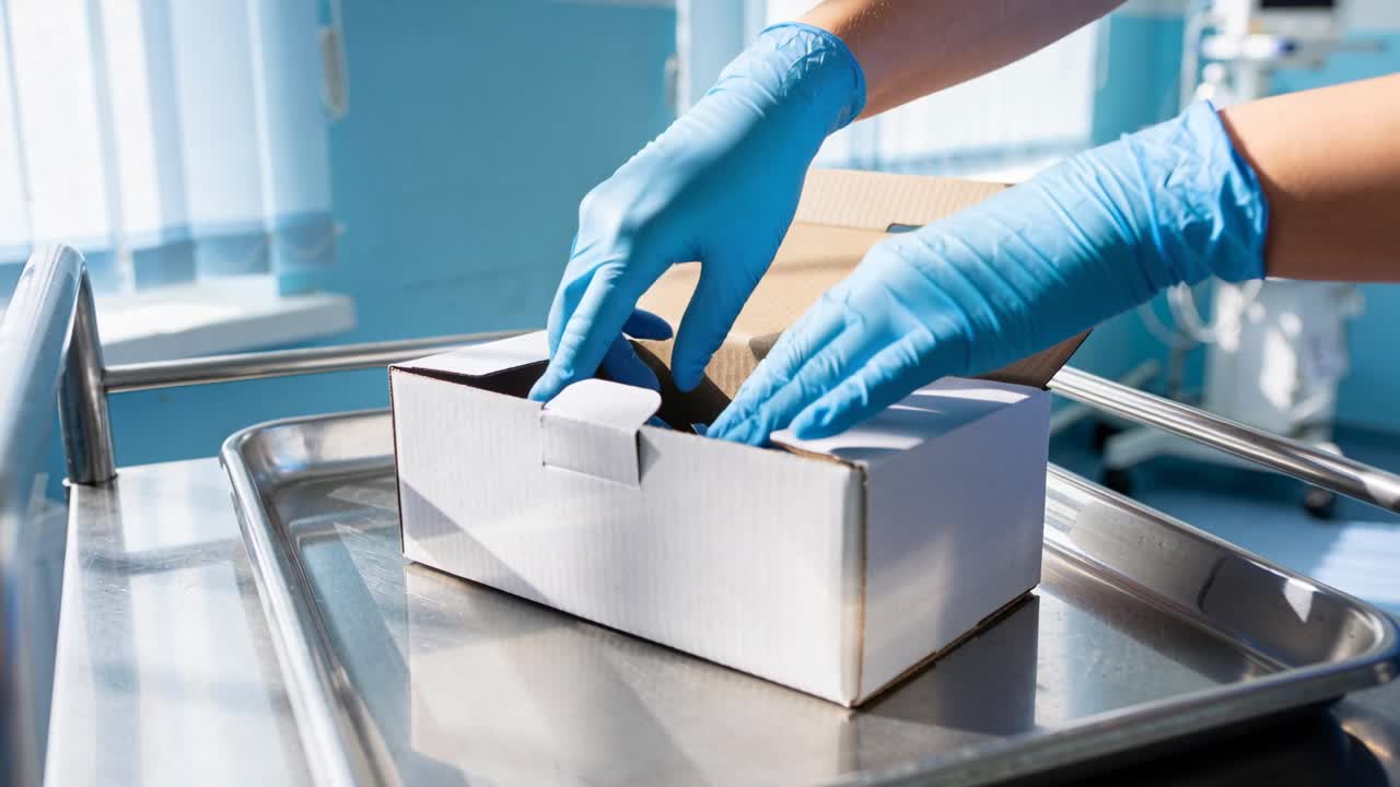 Mani guantate dell'infermiera che sollevano il coperchio della scatola e tirano fuori un oggetto per un compito medico con evidenziazione a freccia animata
