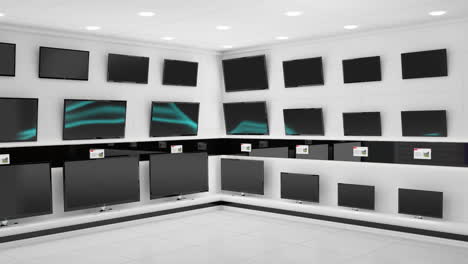 animation of blue electrical current across multiple flat screen tvs in shop display