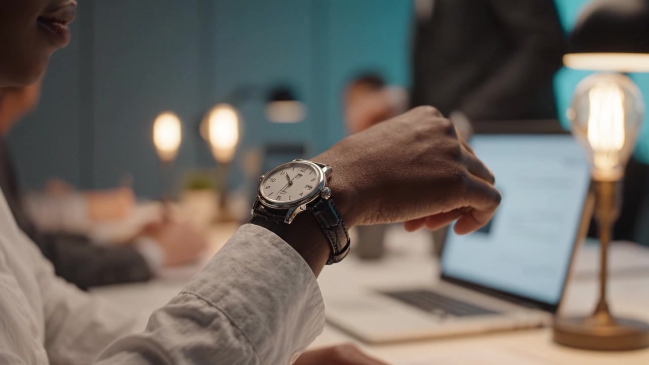 A Professional Setting: A Person Checking Their Watch During a Meeting, Emphasizing Time Management and Focus on Tasks in a Modern Conference Room Environment
