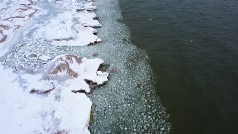 4k drone video of frozen lakeshore with the camera panning up to reveal the sand dunes