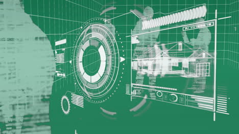 animation of processing circle and data processing with human silhouettes on green digital screen