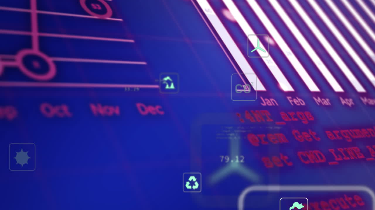 Animation of digital icons and statistical data processing against blue background
