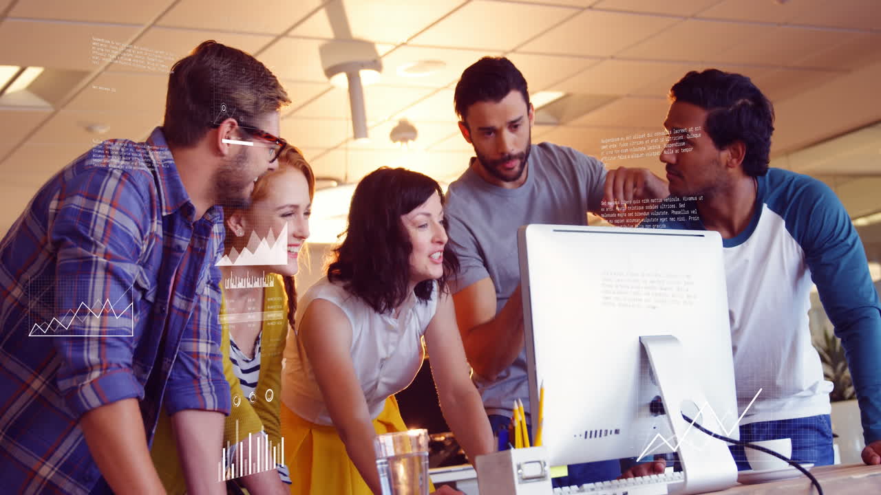 Animation of statistical data processing against diverse colleagues discussing together at office