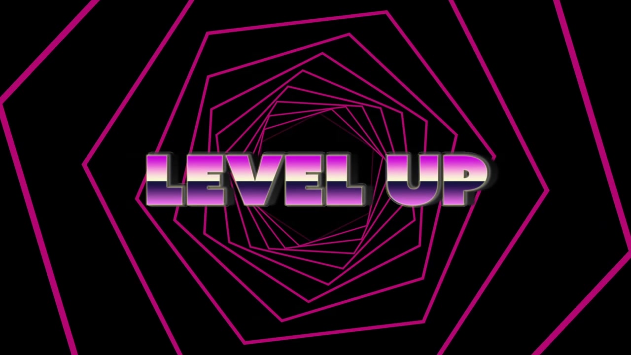 Animazione di testo rosa 'level up' su un tunnel di esagoni rosa luminosi