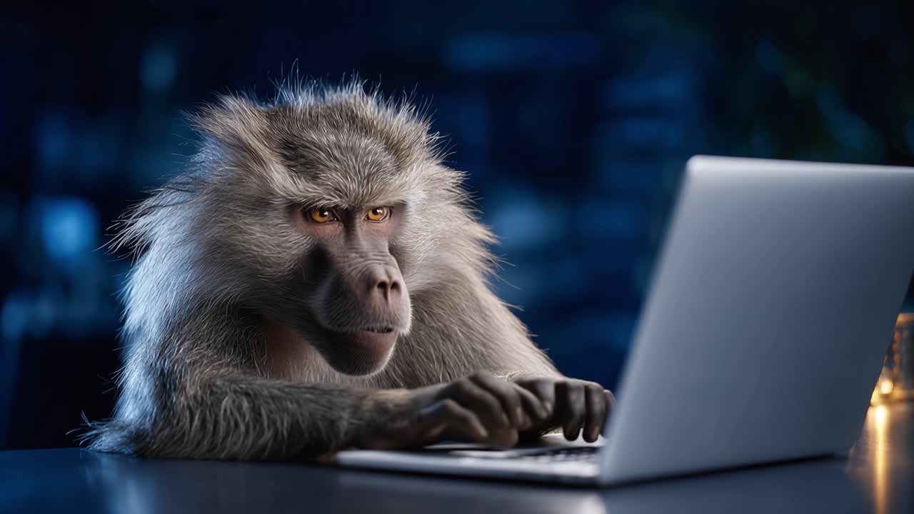 Bavian sidder ved et skrivebord, fokuseret på en laptop. Dens pels er tyk, med et vildt, intenst udtryk. Den ene hånd gestikulerer, den anden hviler på tastaturet. Skærmen gløder svagt og kaster blødt lys