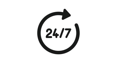 24/7 service open 24h hours a day and 7 days a week. flat video in black on a white background.