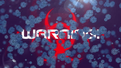 multiple covid-19 cells icons floating against warning text over biohazard symbol on blue background