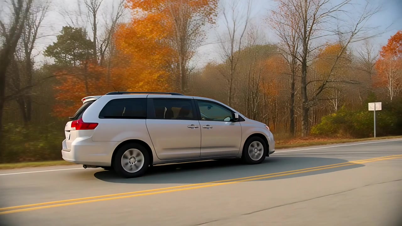 Entra nell'inquadratura un autista con una camicia chiara che guida un minivan argentato lungo una strada rurale, superando un cartello stradale