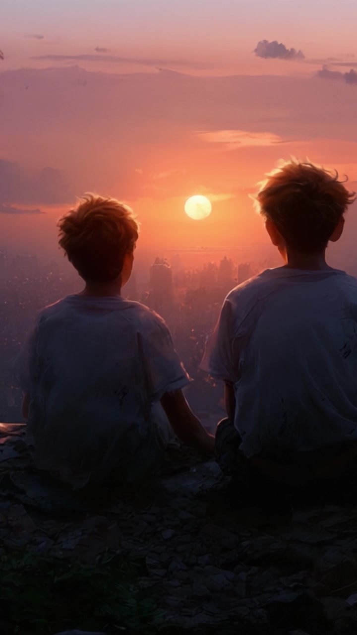 Due bambini che guardano insieme un bellissimo tramonto su un paesaggio urbano, catturando un momento di amicizia, riflessione e serenità contro un cielo arancione mozzafiato.