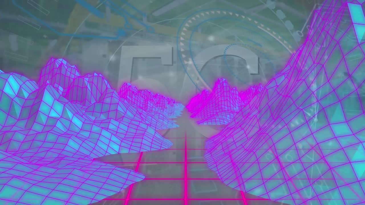 animación de patrón de montaña y cuadrícula con texto 5g y patrones abstractos contra la estructura construida