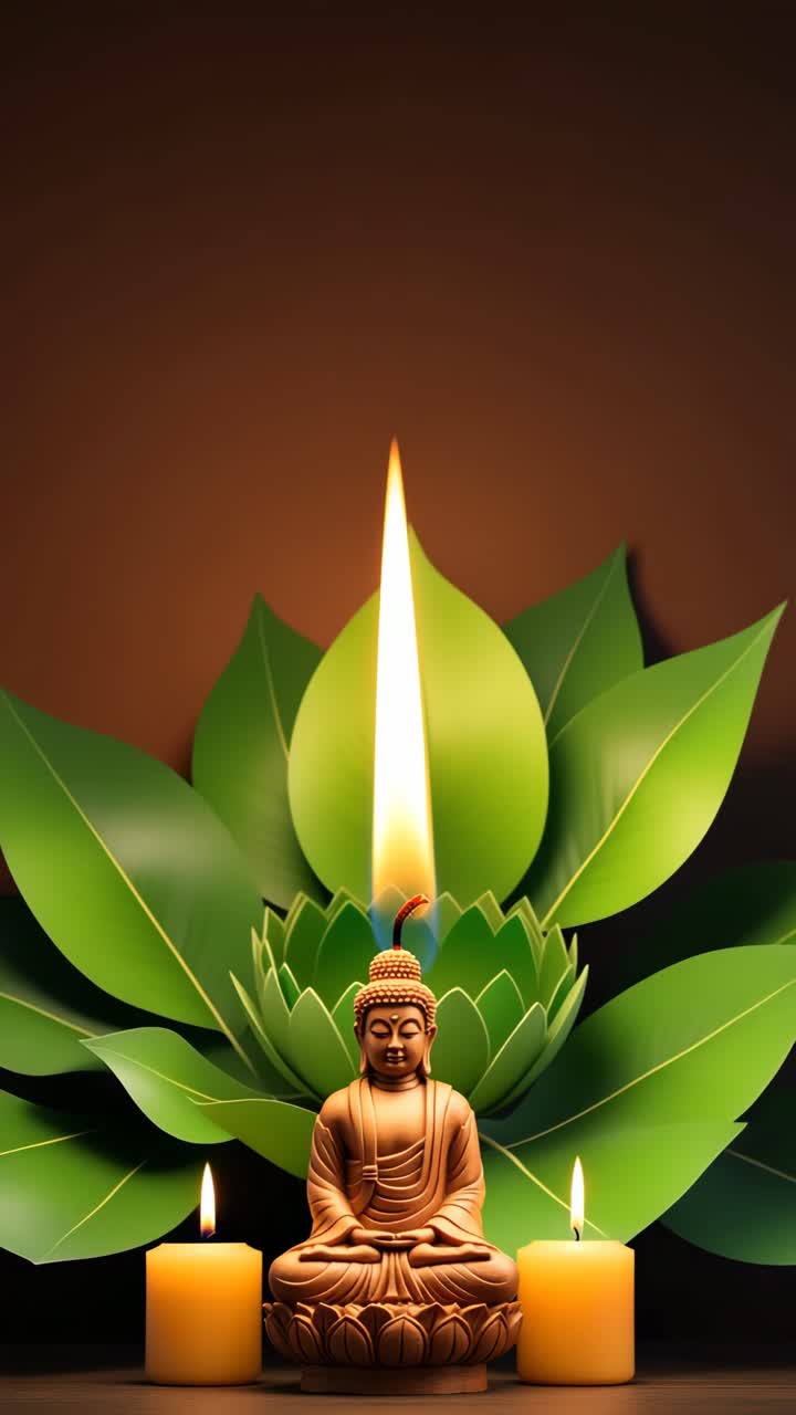 Statua serena di Buddha con candele accese, ripresa da un'angolazione bassa
