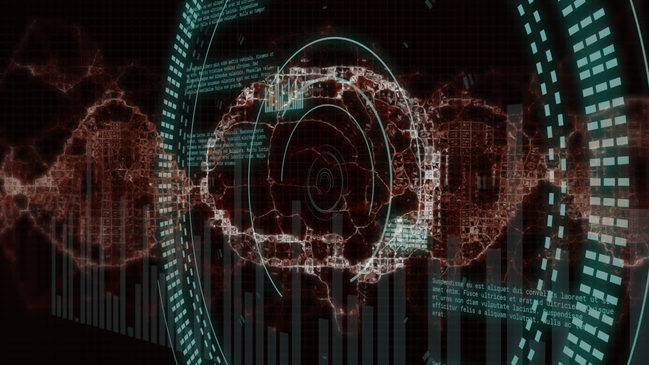 Rotating rings and data processing elements in futuristic digital interface animation