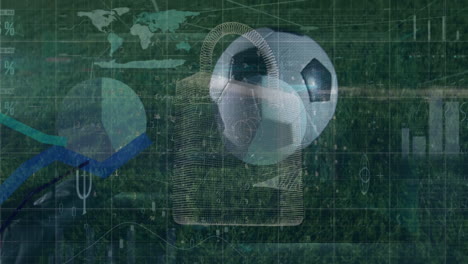animation of data processing and padlock icon over diverse football players
