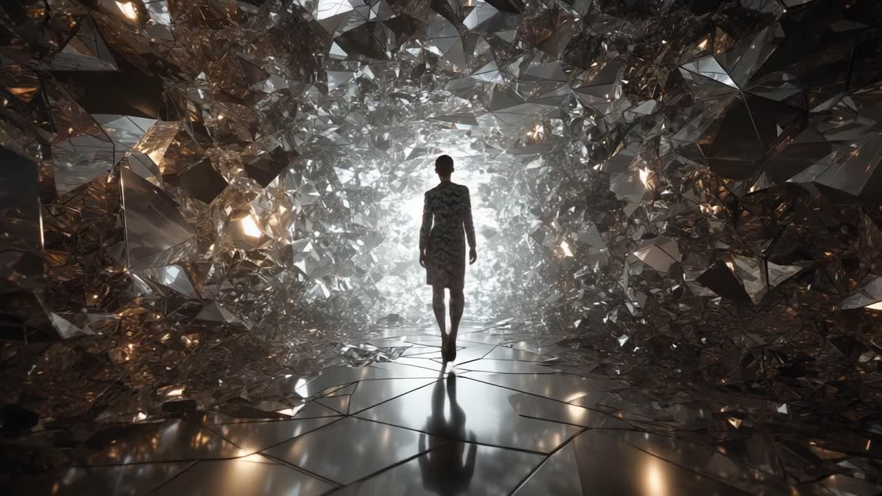 A woman walking through a futuristic crystal tunnel