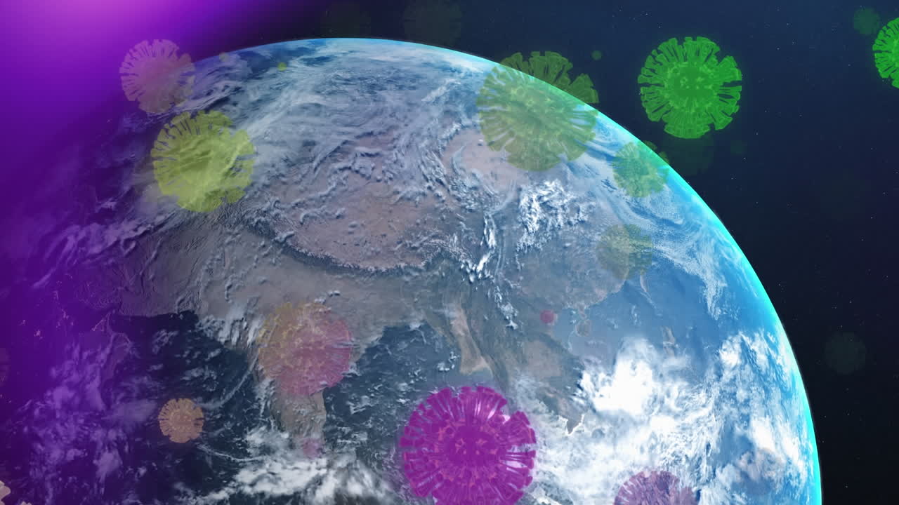 múltiples células de covid-19 flotando y un punto de luz sobre un globo giratorio contra un fondo azul