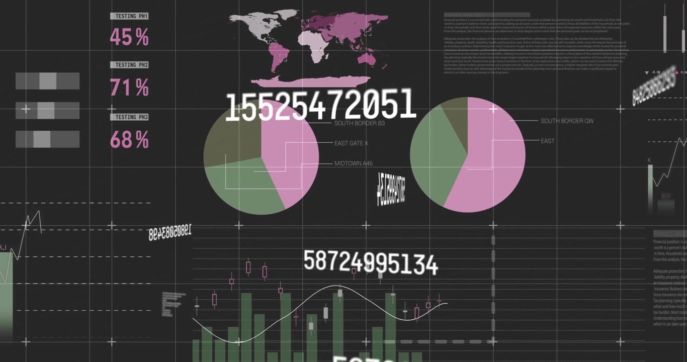 Dashboard che si anima al caricamento mostrando stringhe numeriche, grafici a torta, mappa e barre per visualizzare le tendenze di mercato.