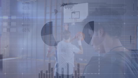 Coach and players practicing basketball in gym, with animated graphs showing sports technology data