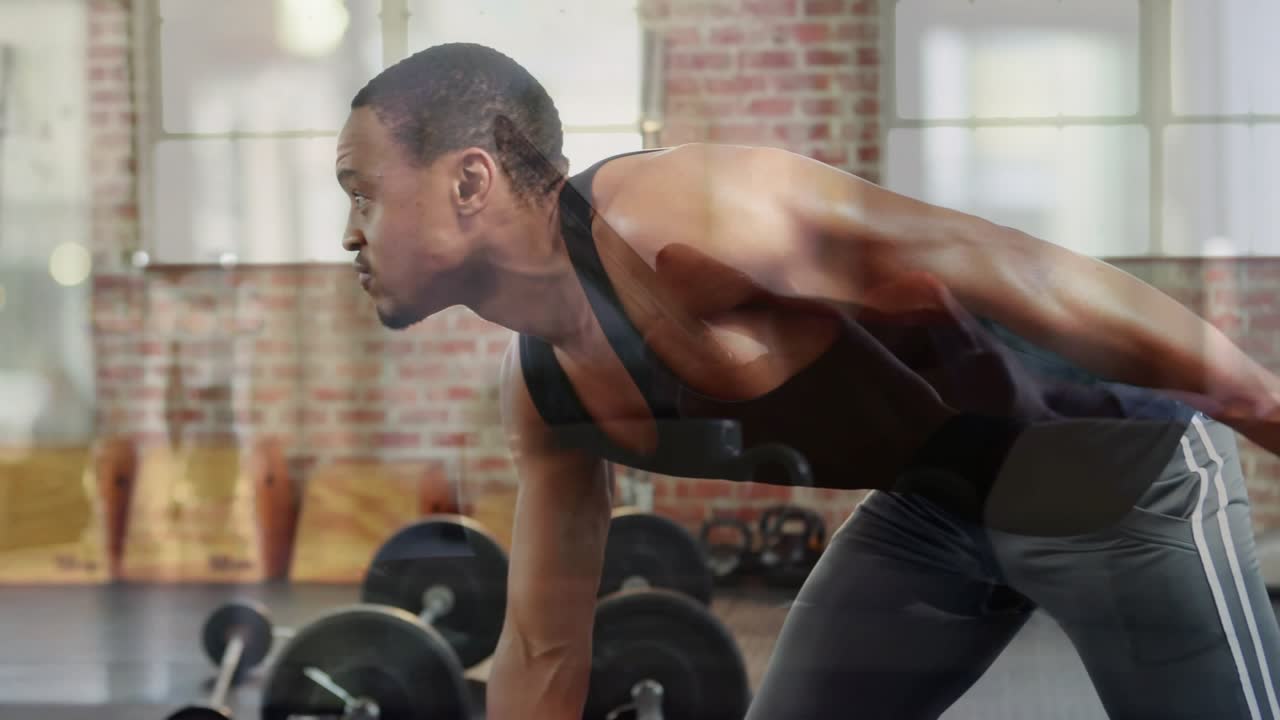 Man reaching for dumbbell, doing one-arm rows in gym, animated graphics tracking reps for strength