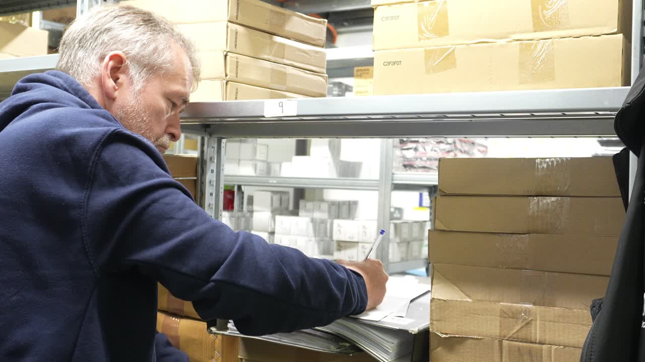 중년 남자가 열심히 일하고 있습니다. 재고를 계산하고 확인하고 있습니다.