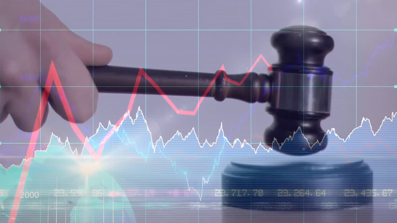 Animation of statistics and financial data processing over auctioneer's hammer
