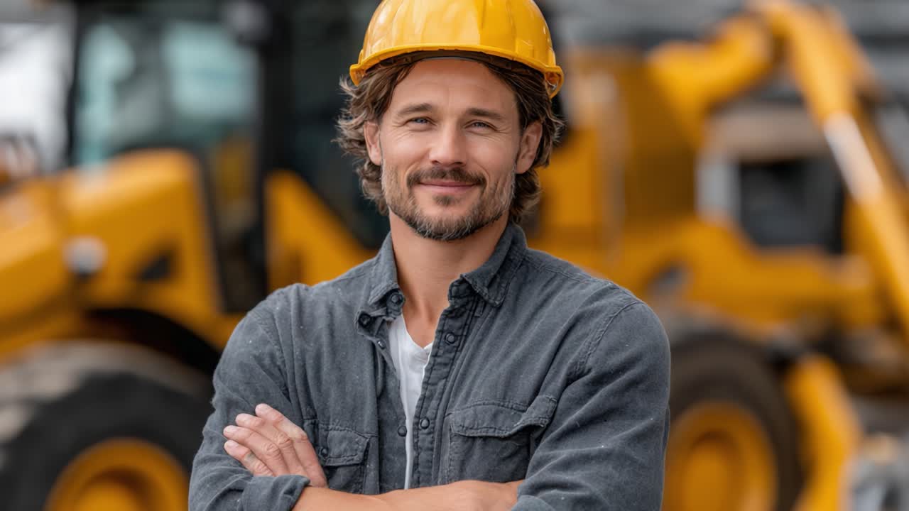 Confident Construction Worker Smiling for the Camera in Safety Gear with Heavy Machinery in the Background, Embodying the Spirit of Hard Work and Dedication
