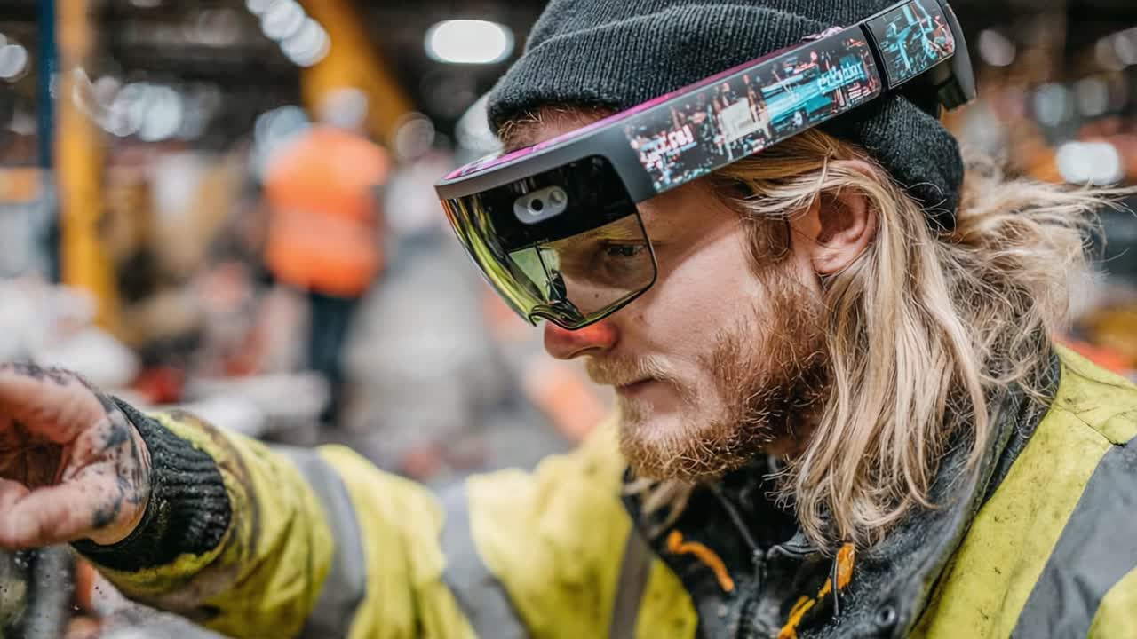 A focused individual wearing advanced augmented reality goggles, intently engaged in a task within a bustling industrial environment filled with machinery and workers