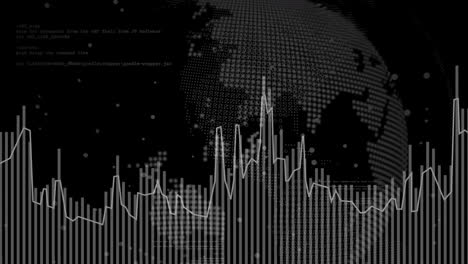 animation of white pixel globe and graph processing data on black background