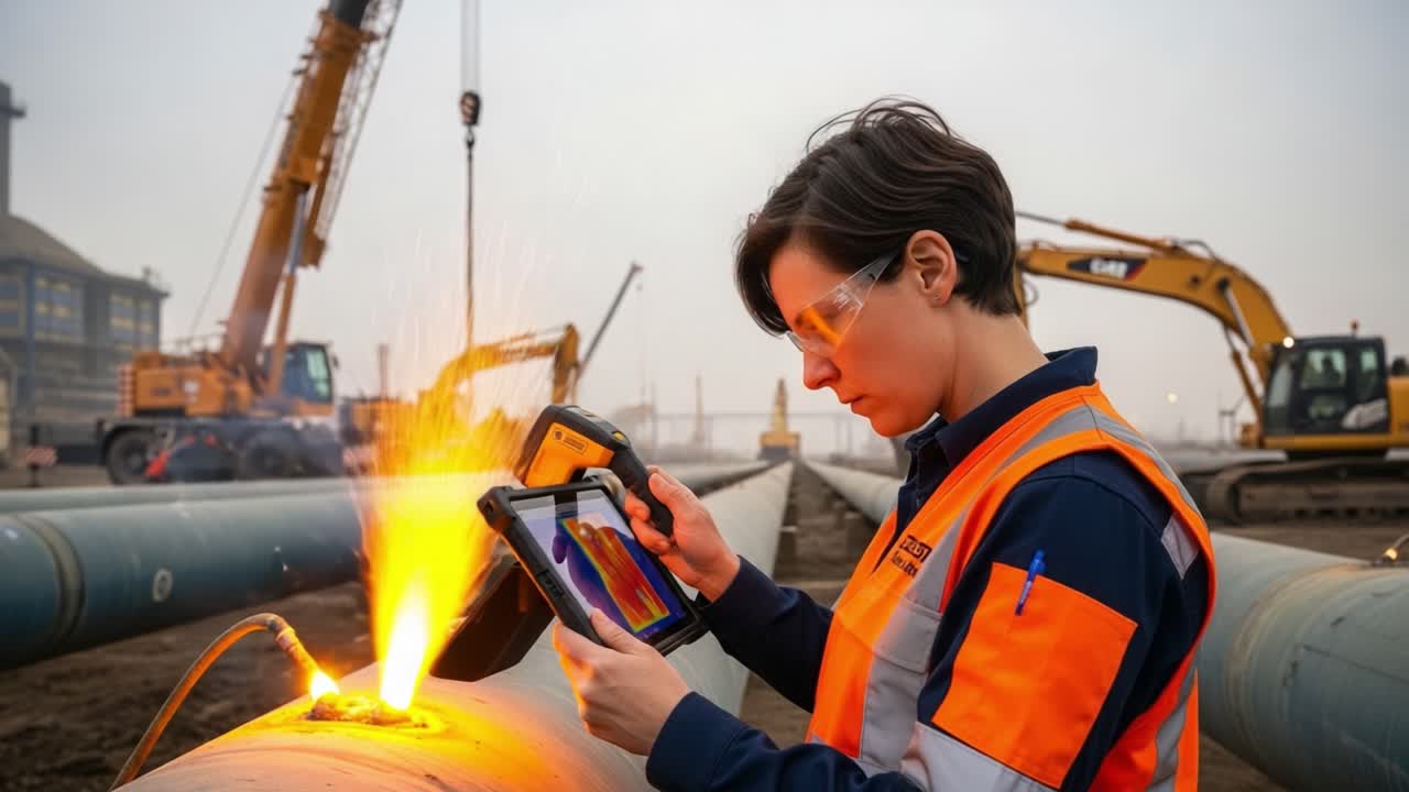 A technician uses advanced equipment to monitor and analyze pipeline conditions, showcasing high-tech inspections alongside industrial machinery actions in a dynamic environment.