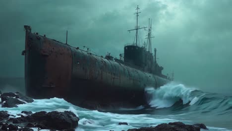 rusty submarine shipwreck in a stormy sea