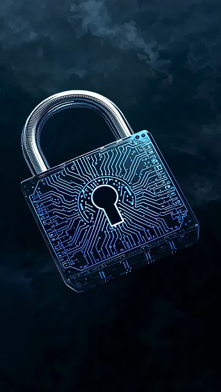 Vertical video: Rotating chip padlock tilting in clouds, blue streak flaring, signaling security