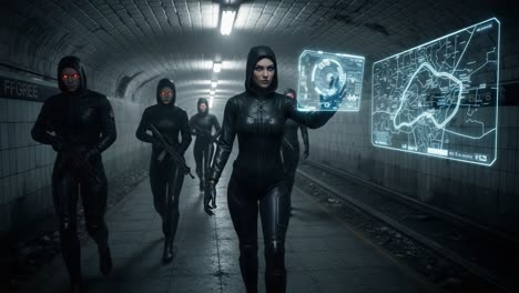 a mysterious squad of hackers advances through a dimly lit underground tunnel while analyzing high-tech displays, prepared for a digital showdown with red-glowing eyes