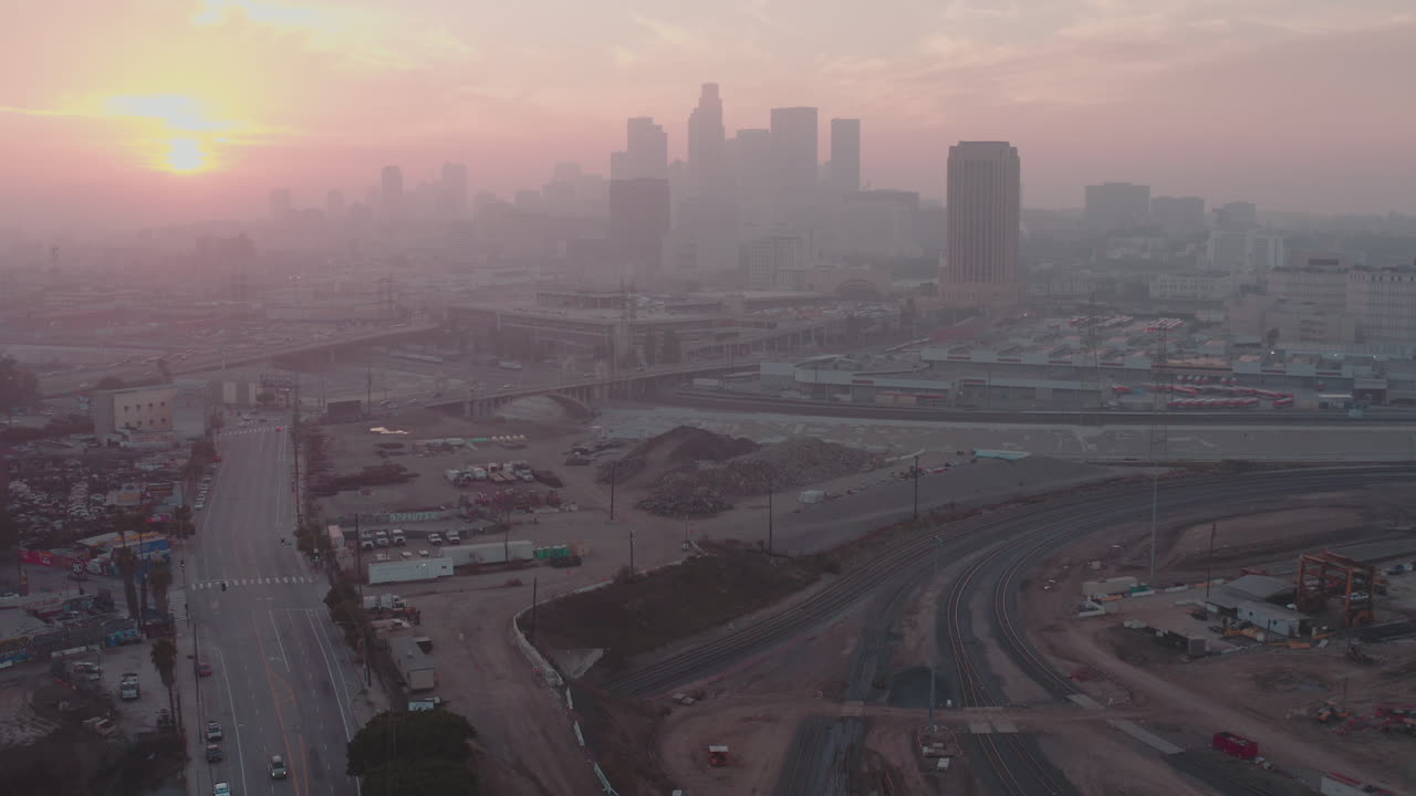 Aerial Drone Centering Onto Downtown Los Angeles Before Nightfall