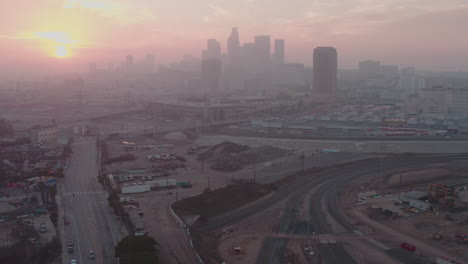 aerial drone centering onto downtown los angeles before nightfall