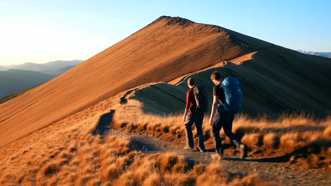 Due escursionisti salgono su un paesaggio desertico sabbioso, offrendo una vista laterale della loro avventura ed esplorazione. La scena cattura l'essenza del viaggio e delle attività all'aria aperta, con cieli sereni.