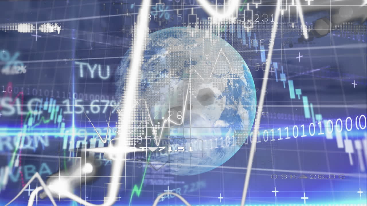 Animation of globe, statistics and binary coding, financial data processing