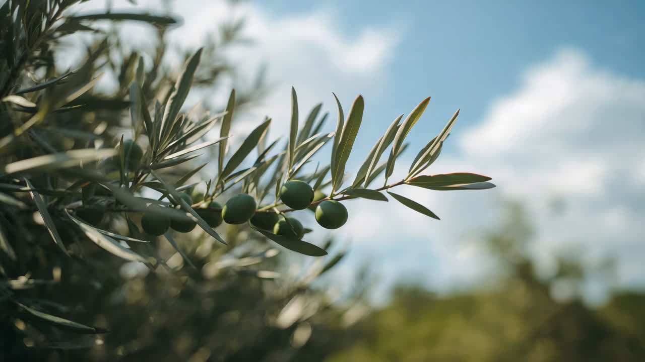 Shifting camera bringing olive branch cluster into sharper focus at grove, with sunlight and bokeh