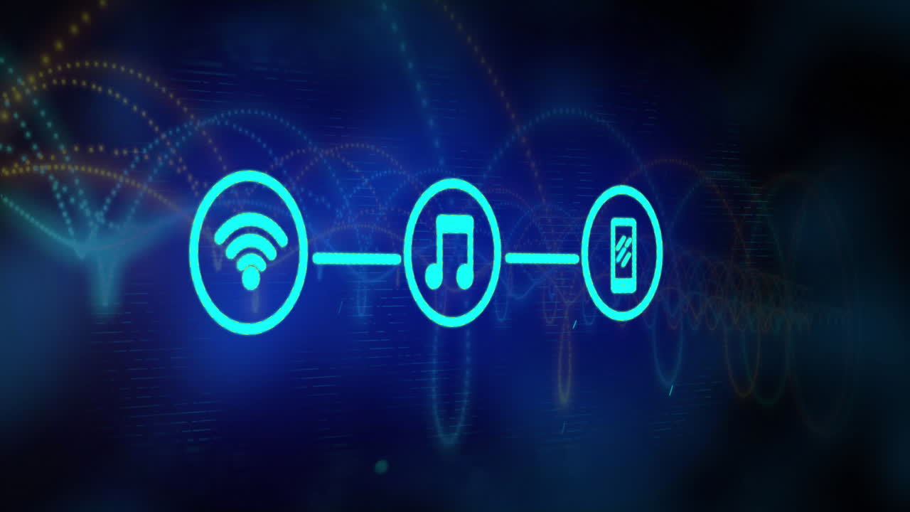 wi-fi, música y iconos de teléfonos inteligentes en animación de red sobre fondo azul