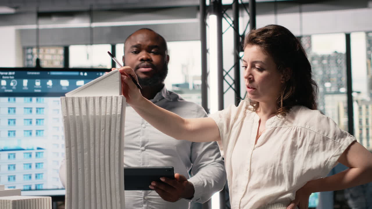 Vertical Video Real estate contractors team creating a modern smart city layout with 3D models