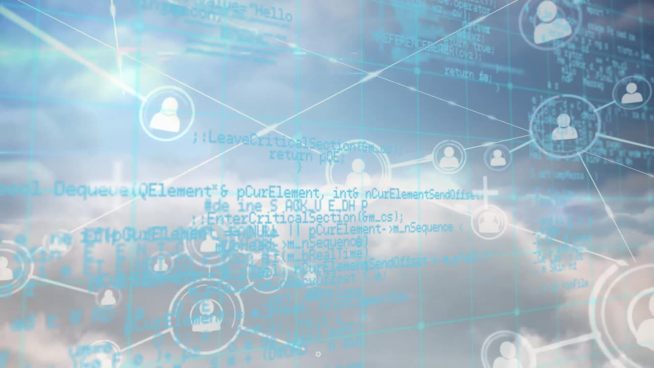 연결 네트워크 및 데이터 처리 애니메이션 구름 하늘 배경