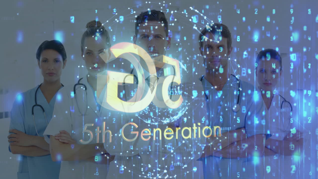 Standing with 5th Generation tech overlay, medical professionals in hospital setting